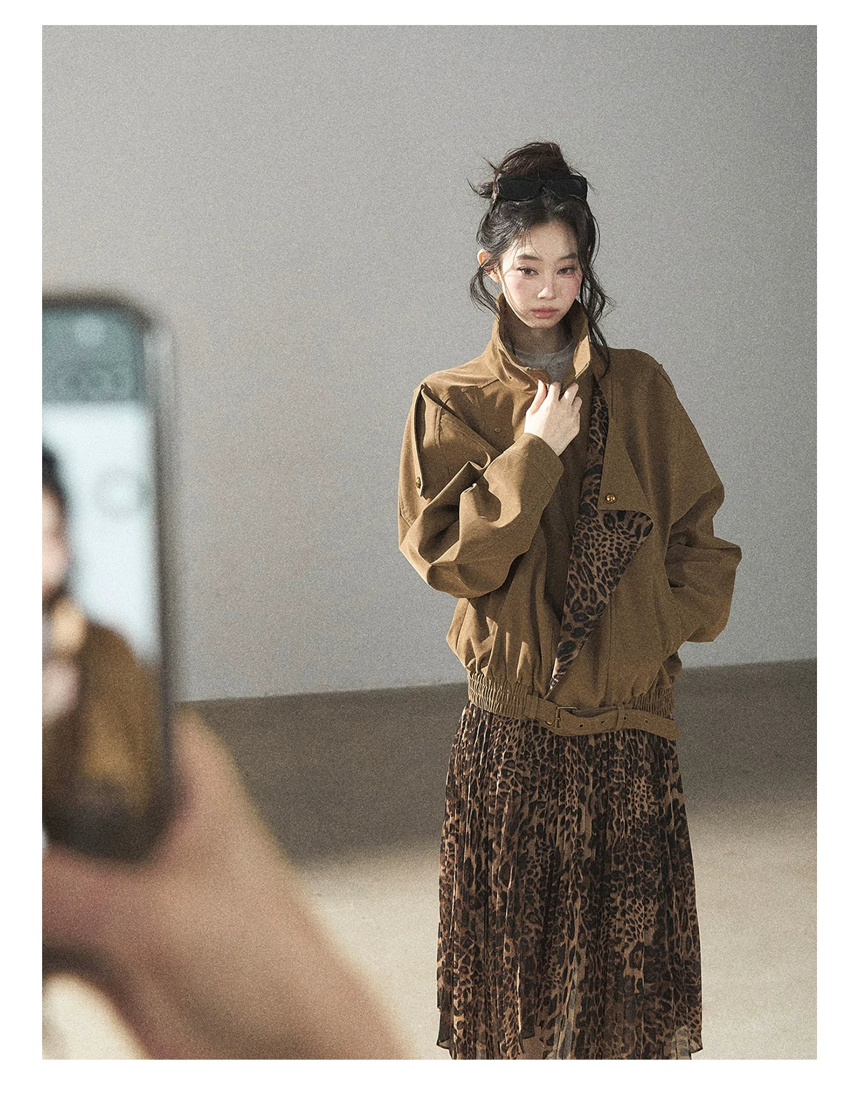 AOMALM - “Cocoa Leopard” Pleated Asymmetric Midi Skirt