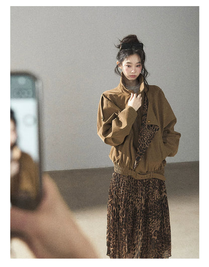AOMALM - “Cocoa Leopard” Pleated Asymmetric Midi Skirt