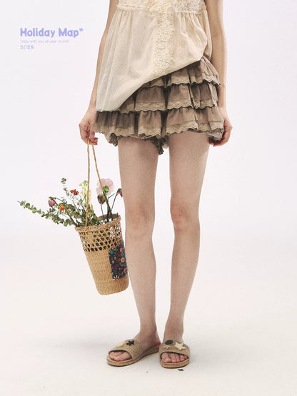 "Lace Soufflé" White Tiered Ruffle Bubble Skort