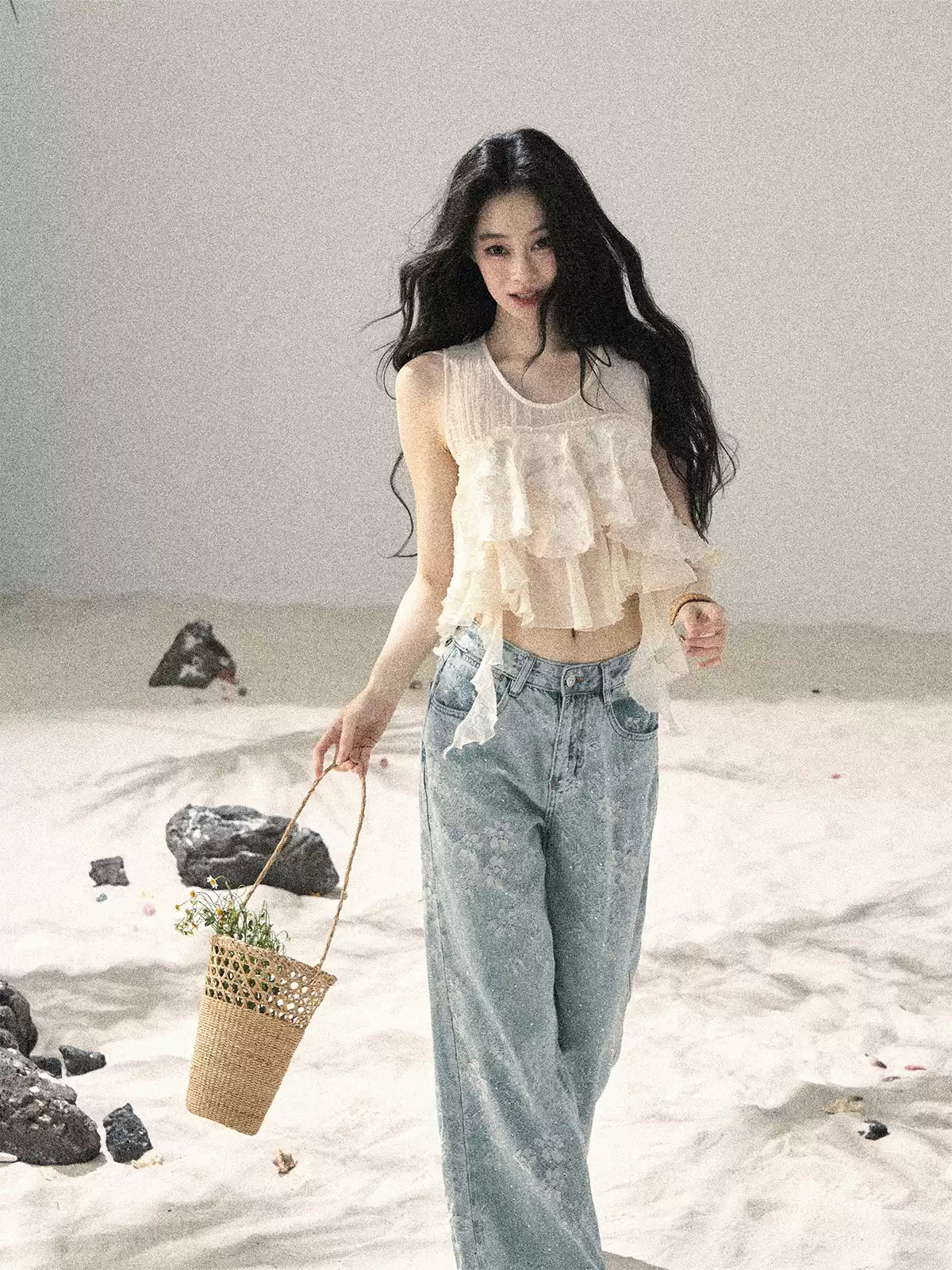 "Moonlight Across the Lake" Pale Goose Yellow Chiffon Mesh Sleeveless Crop Top