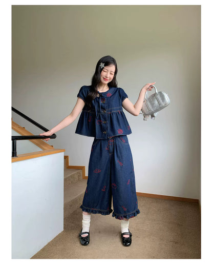 [RF] “Sweet Rebel Denim” Navy Embroidered Ruffle Top & Relaxed Pants Set