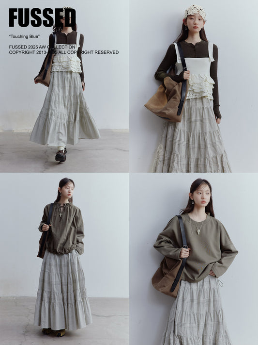 FUSSED Black & White Gingham Cotton Tiered Midi Skirt FOF-25SS156a