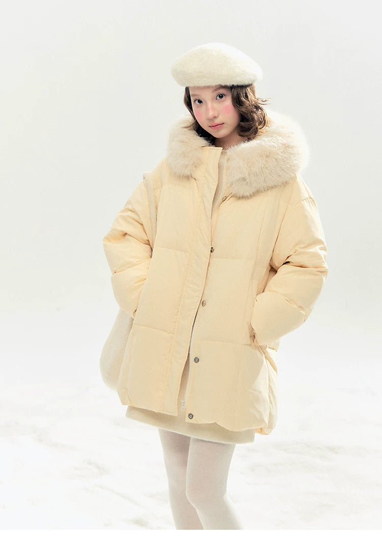 "Butter Soufflé" Vanilla Butter Hooded Mid-Length Down Coat with Faux Fox Fur Trim