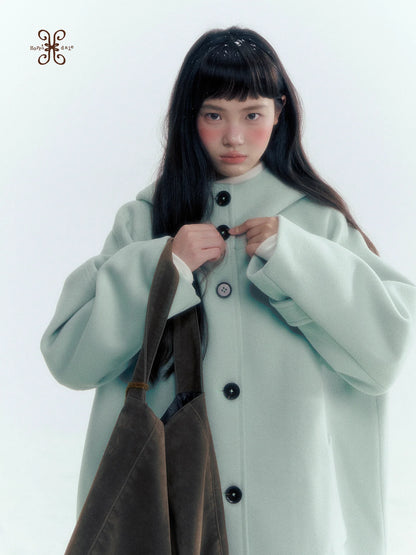Pale Aqua Green Hooded Cocoon Wool-Blend Coat