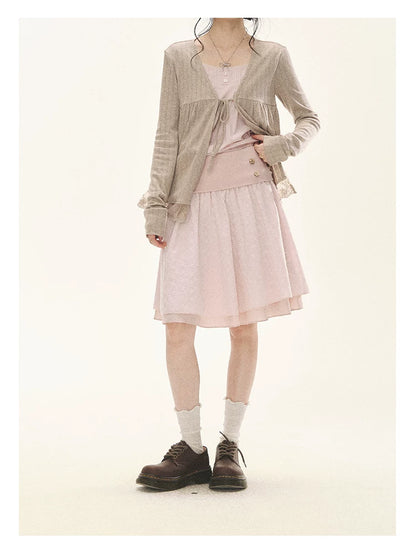 "Roasted Tea Heart" Milk Tea Faux-Layer Lace Cardigan & Skirt Set