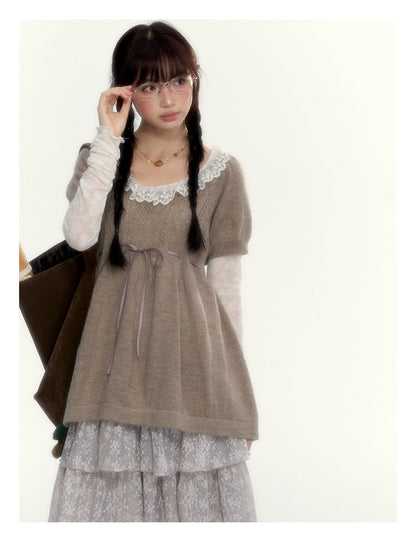 “Everyday Mist” Jacquard Lace Layering Top ( Ivory / Fog Gray )