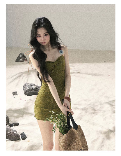 "Entwined Vines" Olive Mist Bodycon Dress & Cardigan Set 543648532