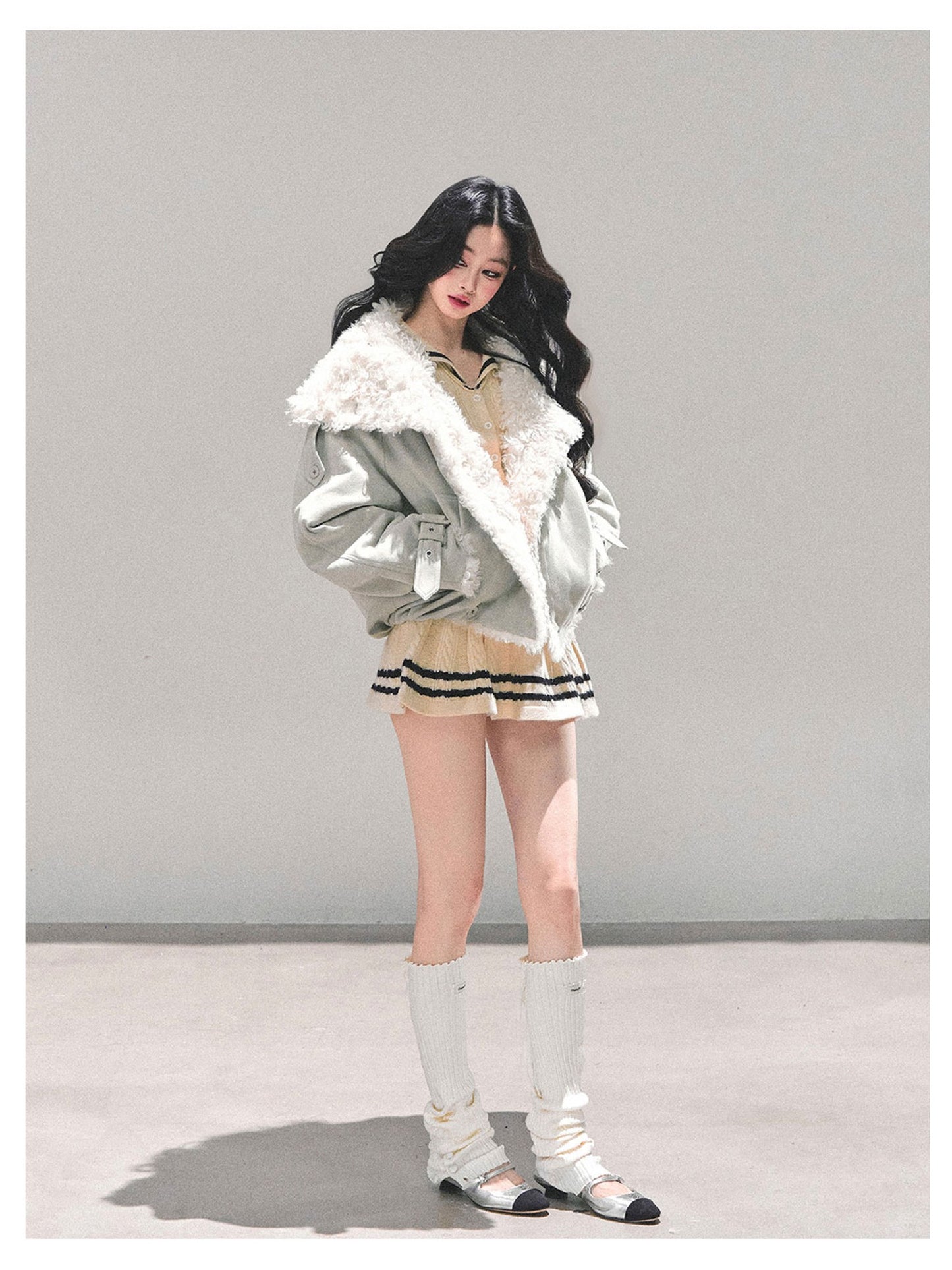 少也眼 "Velveted Winter" Cozy Shearling Fleece Jacket - Light Gray