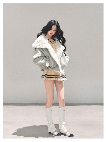 少也眼 "Velveted Winter" Cozy Shearling Fleece Jacket - Light Gray