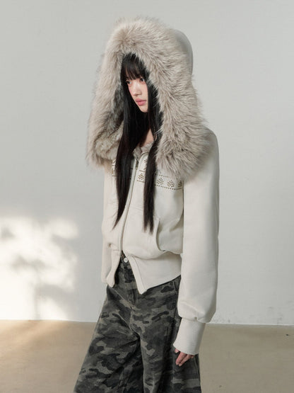 Soote Season - Oat Gray Studded Faux Fur Hoodie Jacket with Fur Collar
