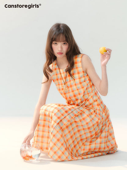 "Orange Sugar Cube" Tangerine Plaid Tie-Waist Sleeveless Dress SH2026201