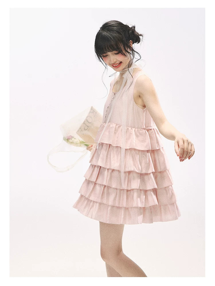 "Misty Pink Reverie" Petal Pink Lace Tie Tiered Sleeveless Dress