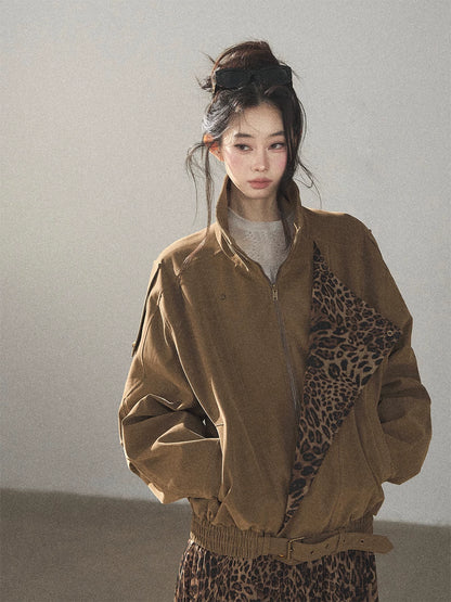 AOMALM - “Acorn & Fallen Leaves” Korean Leopard Print Chestnut Brown Faux Suede Jacket