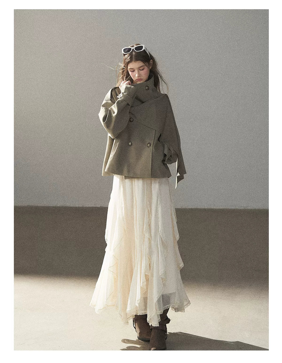Gray Funnel-Neck Double-Breasted Short Trench Coat