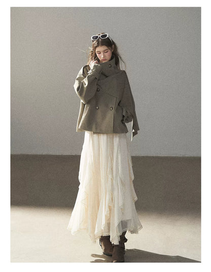 Gray Funnel-Neck Double-Breasted Short Trench Coat