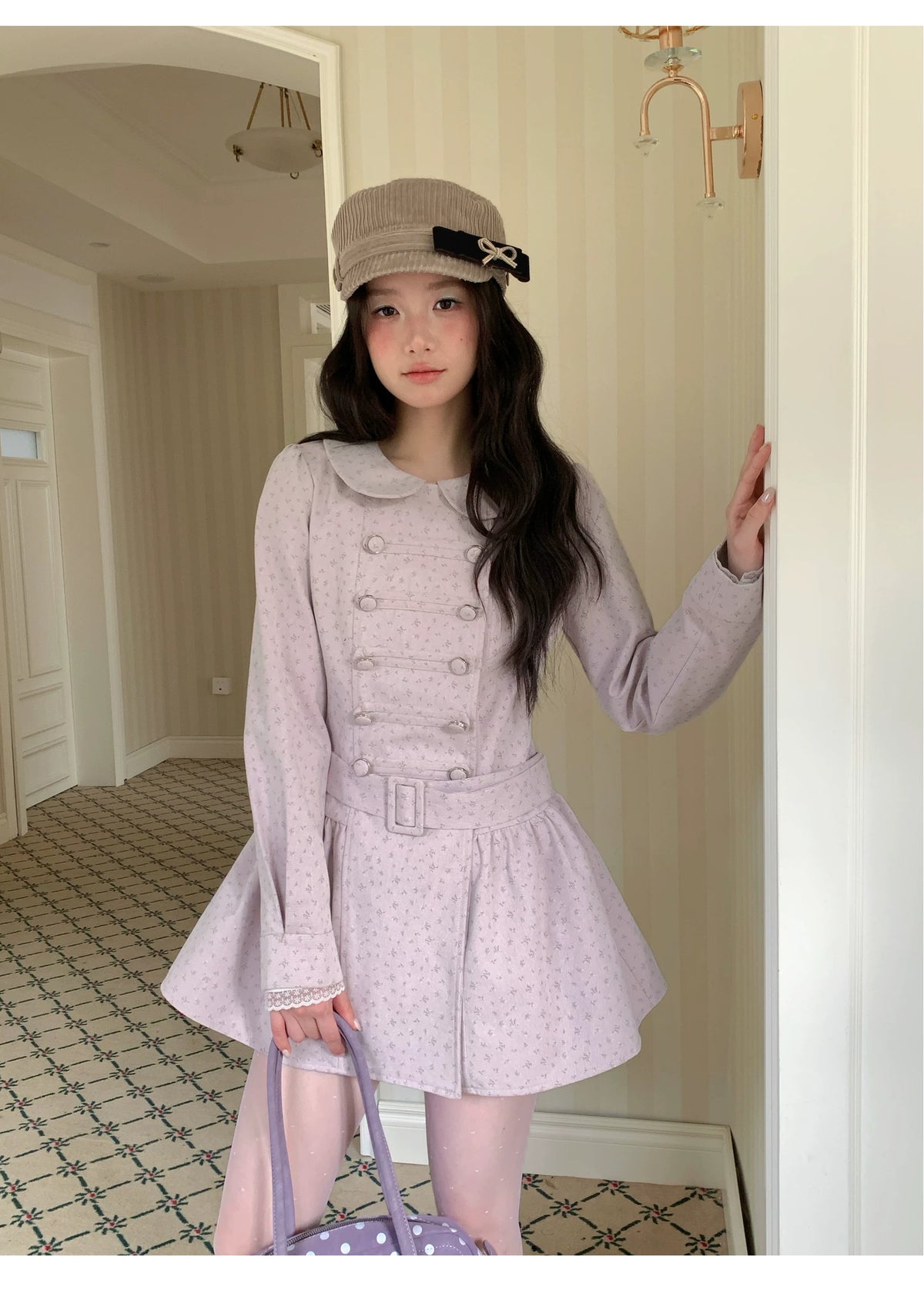 [RF] “Taro Cloud” Pink Double-Breasted Waist-Defined Cape Coat