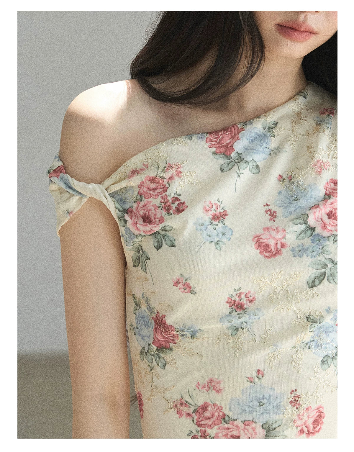 "Flowers & Sunlight" Dutch Cream Off-Shoulder Mesh Bodycon Mini Dress