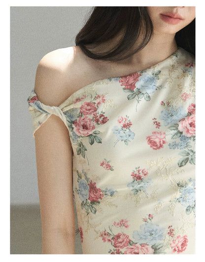 "Flowers & Sunlight" Dutch Cream Off-Shoulder Mesh Bodycon Mini Dress