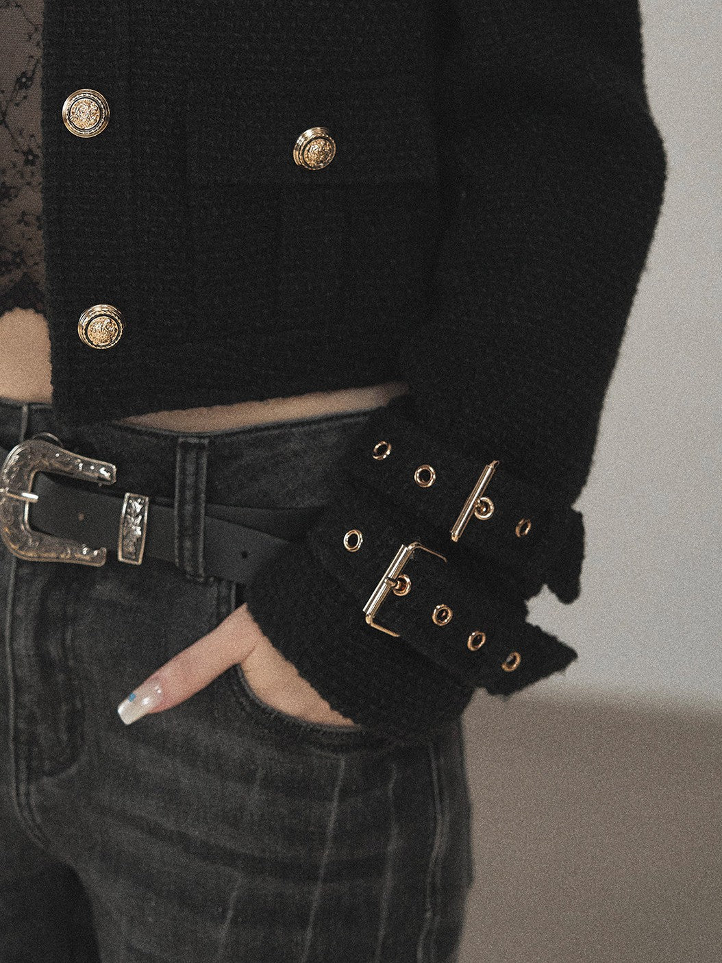 AOMALM - “Obsidian Wilderness” Black Cropped Multi-Pocket Tweed-Style Jacket