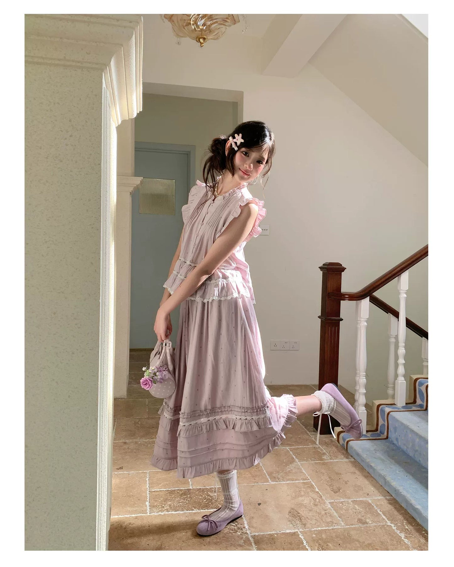 “Taro Polka Reverie” Lavender Polka Dot Skirt Set