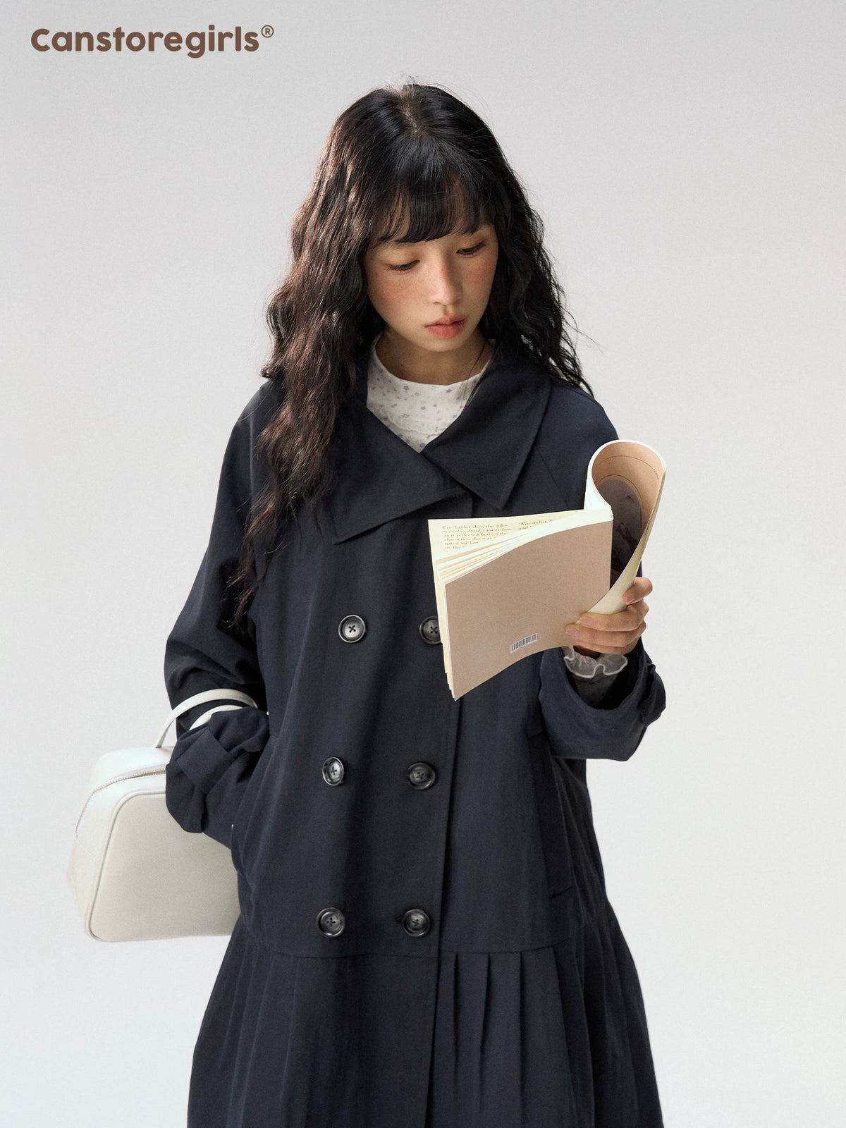 [CAN] "Azure Echoes" Navy Double-Breasted Bow Long Trench Coat