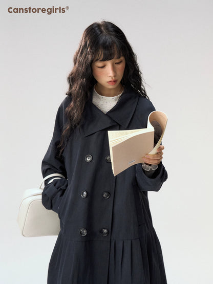 [CAN] "Azure Echoes" Navy Double-Breasted Bow Long Trench Coat