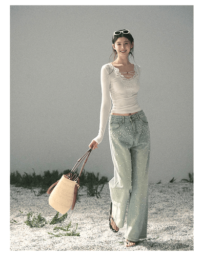 “Lace Summer Haven” Frost White Lace V-Neck Top