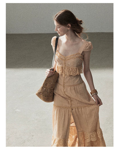 "Where May Meets the Sea" Cinnamon Pink Ruffle Tiered Maxi Dress