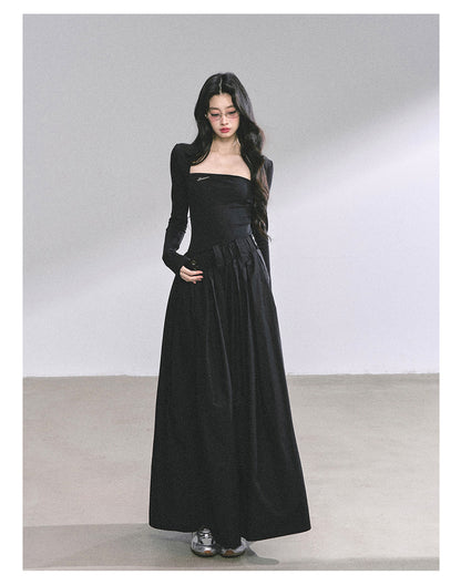 少也眼 "K-Show Muse" Elegant French Hepburn Long-Sleeve Dress - Black 47867864
