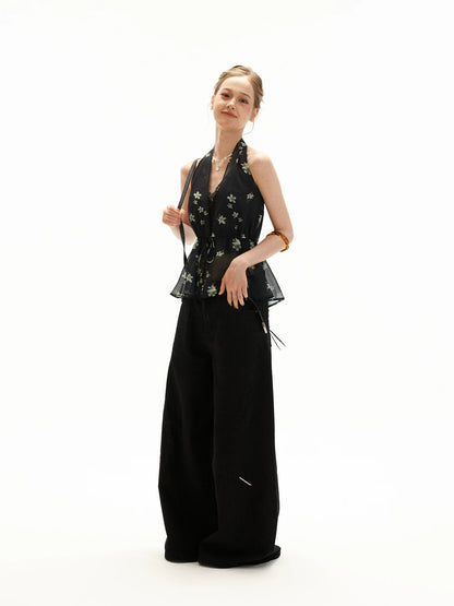 Black Vintage Floral Halter Cardigan Set
