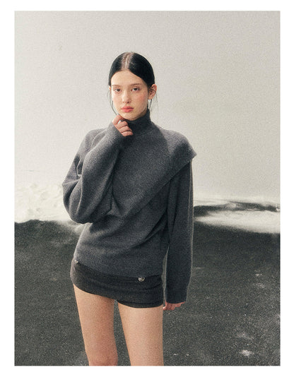少也眼 "Pine Haze" Smart Gray Turtleneck Knit Two-Piece Set