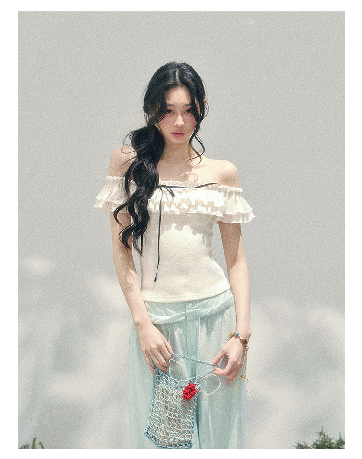 “White Pearlight” Ivory Off-Shoulder Ruffle Tee