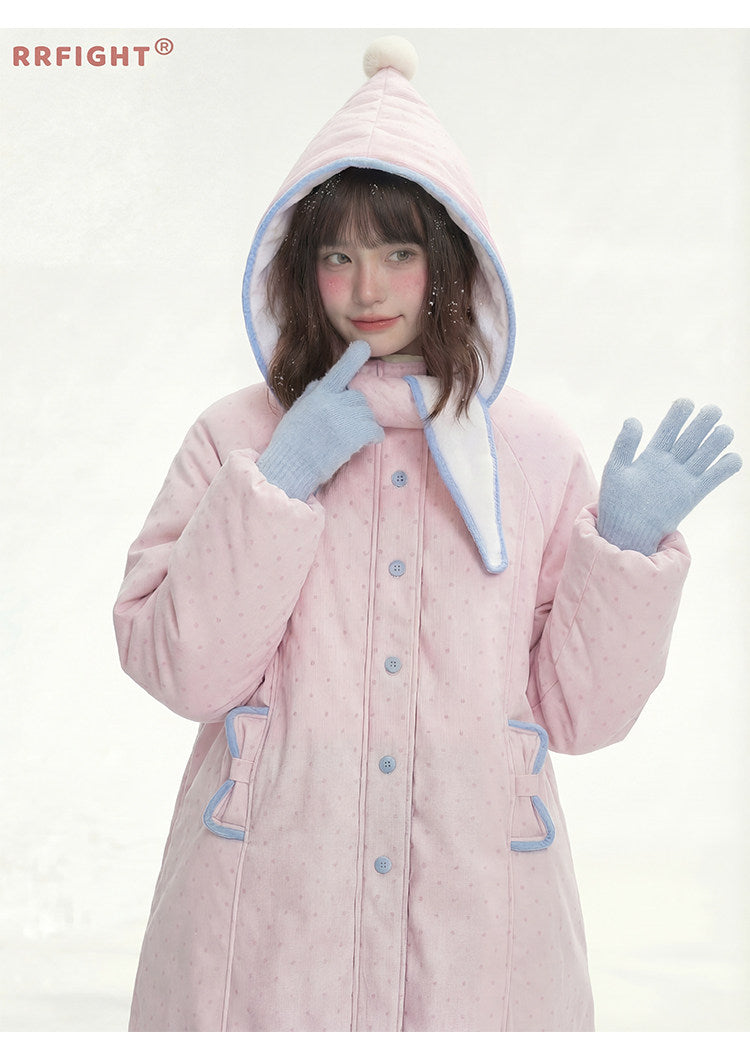 阮阮自制 - Berry Cream Pink Polka Dot Hooded Corduroy Padded Jacket