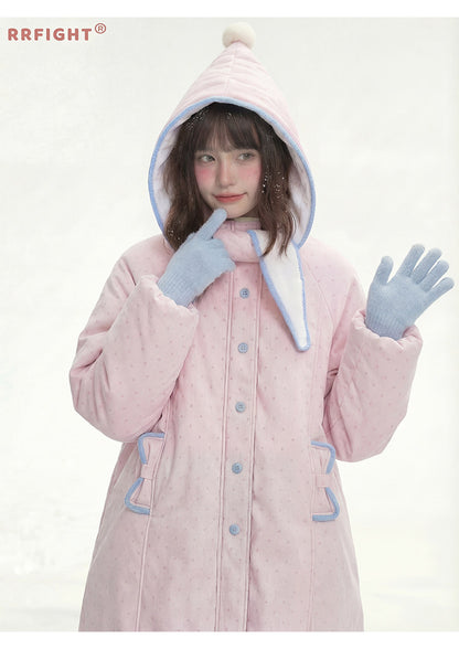 阮阮自制 - Berry Cream Pink Polka Dot Hooded Corduroy Padded Jacket