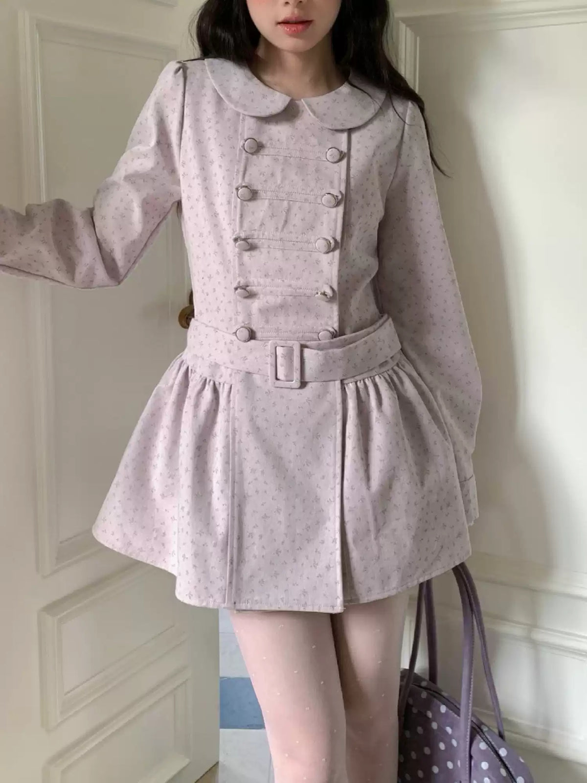 [RF] “Taro Cloud” Pink Double-Breasted Waist-Defined Cape Coat