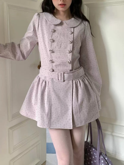 [RF] “Taro Cloud” Pink Double-Breasted Waist-Defined Cape Coat