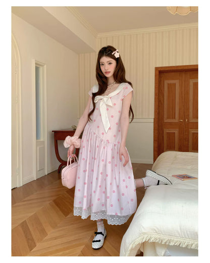 [RF] “Polka Dot Pudding” Soft Mist Pink Bow Lace-Trimmed Dress