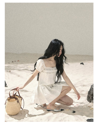 "Light as a Cloud" Frost White Puff Sleeve Lace Babydoll Mini Dress