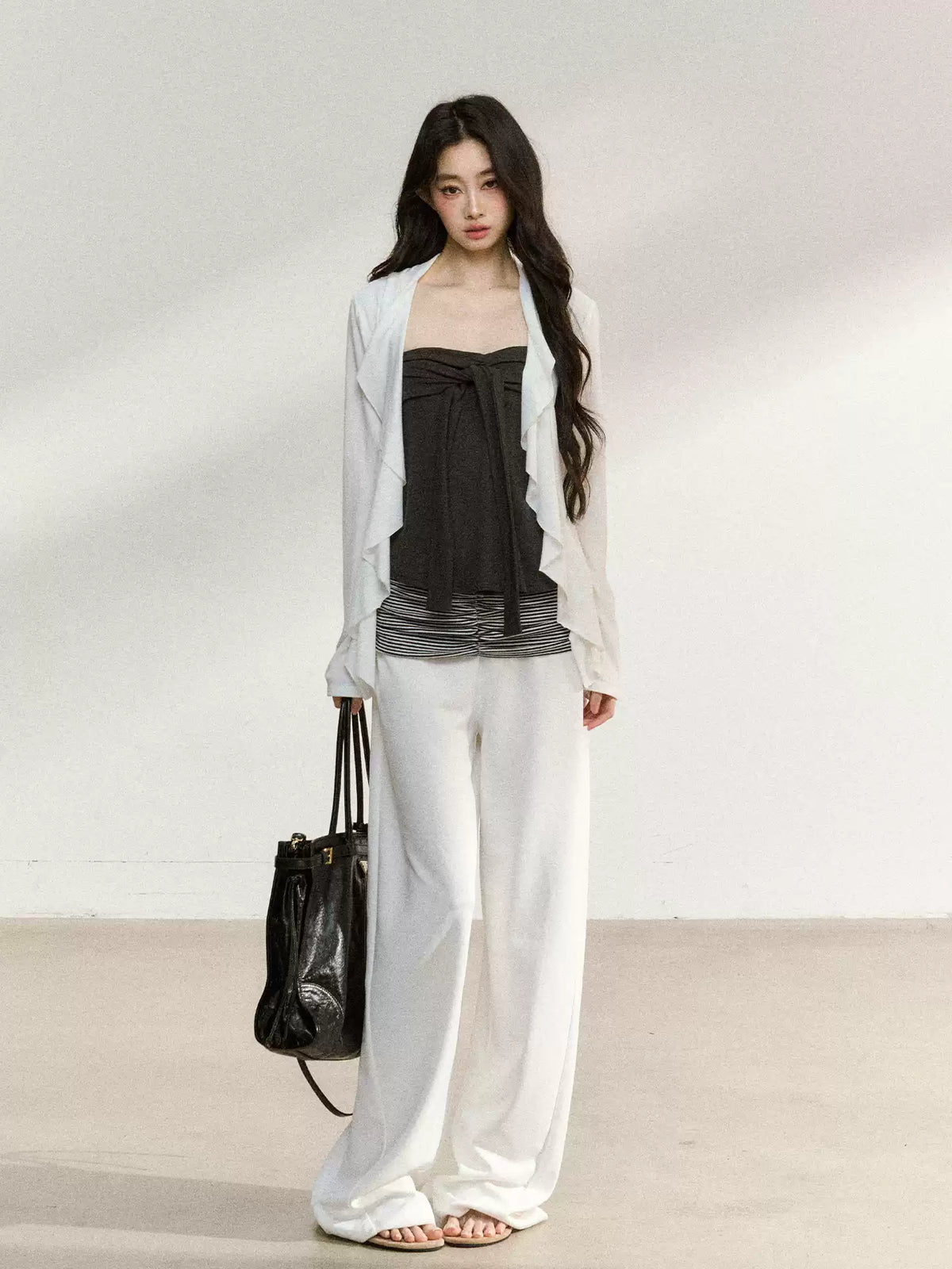 JN's DESIGN - White Ruffle Overshirt & Gray Cami Set