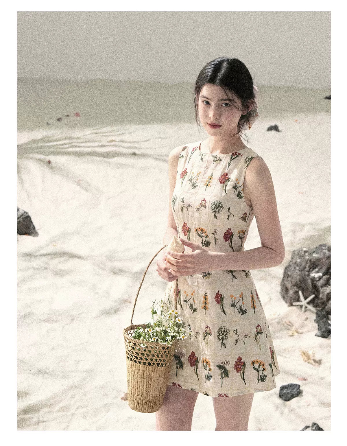 "Wildflower Daydream" Dutch Cream Embroidered Mini Dress - Sleeveless 45684