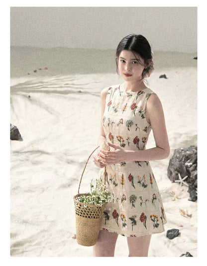 "Wildflower Daydream" Dutch Cream Embroidered Mini Dress - Sleeveless 45684