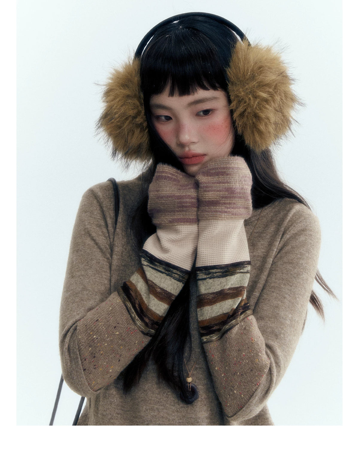 Horridale - Light Brown Colorblock High Cowl Neck Long Sleeve Top