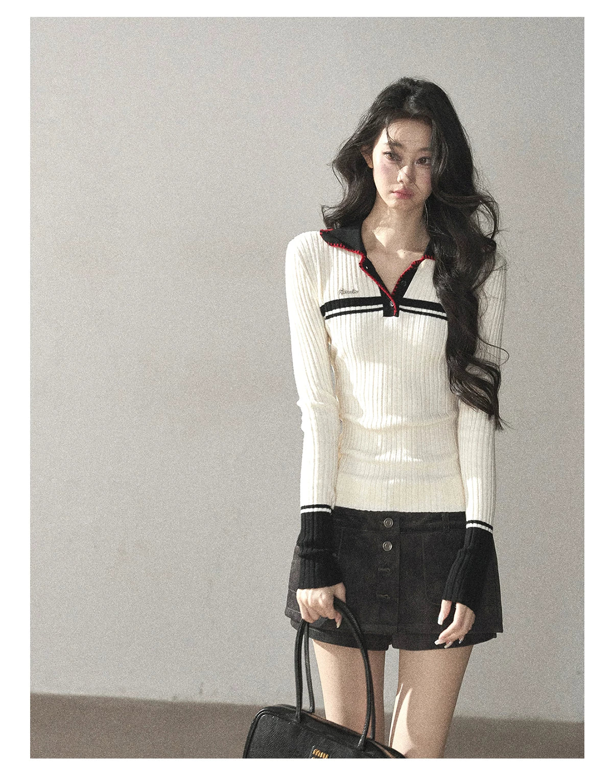AOMALM - "Soft Moonlight" Cream Almond White American Long-Sleeve Polo Knit Top