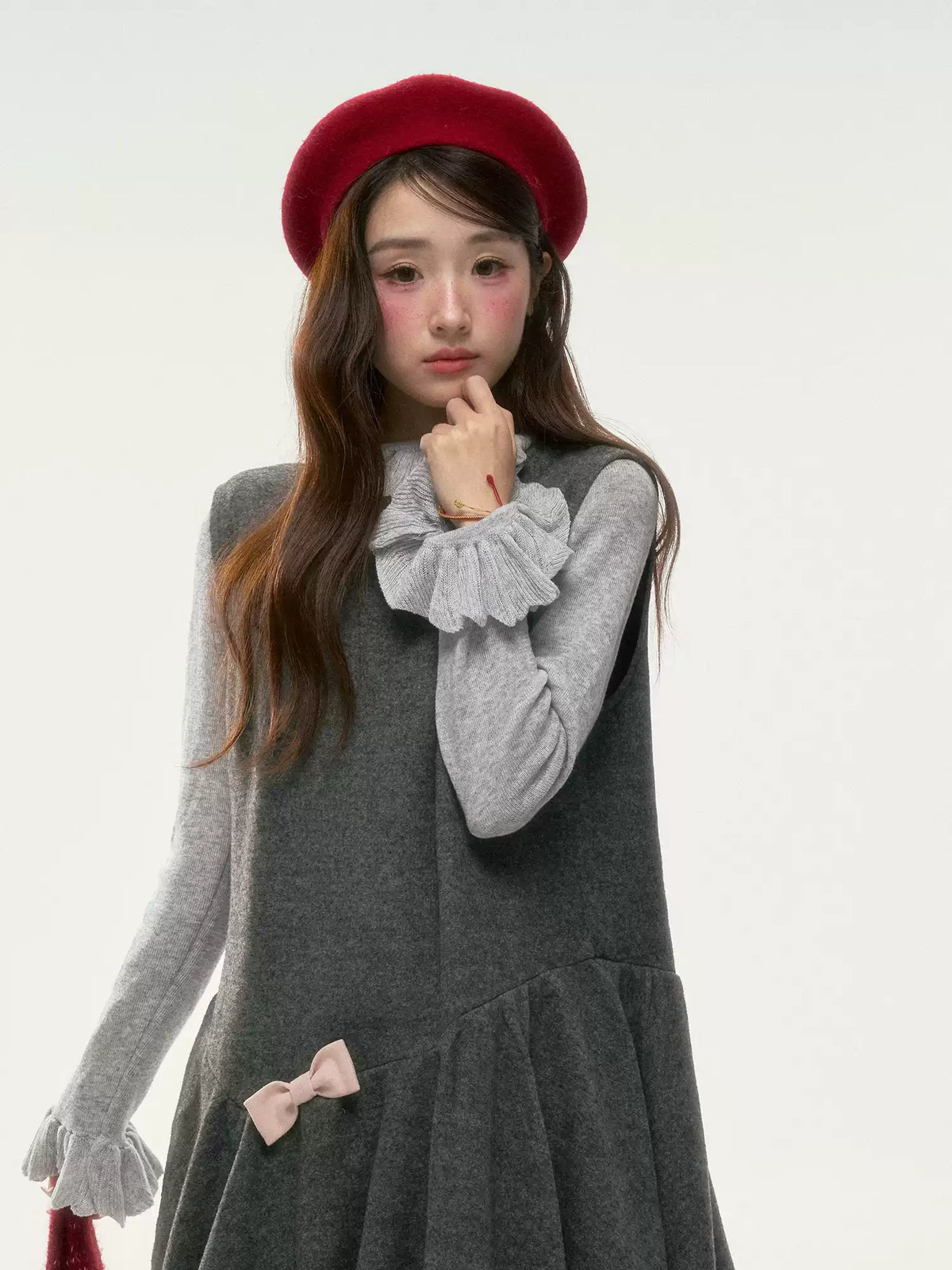 BIBIBENCY - Gray Blouson Cami Dress & Layering Top Set