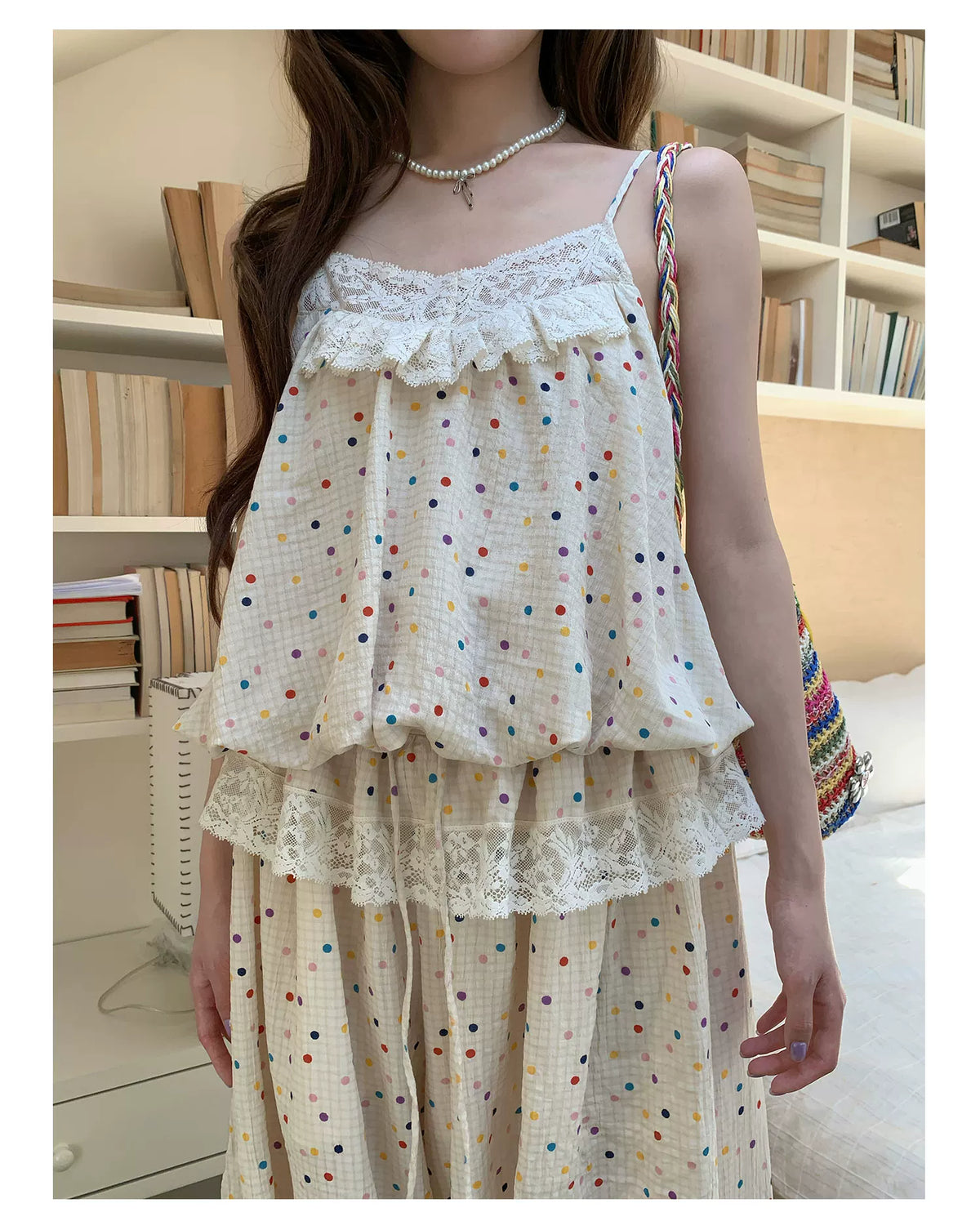 [RF] “Milk Cloud” Ivory Rainbow Polka Dot Bloom Pants Set