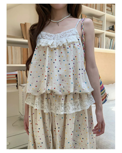 [RF] “Milk Cloud” Ivory Rainbow Polka Dot Bloom Pants Set