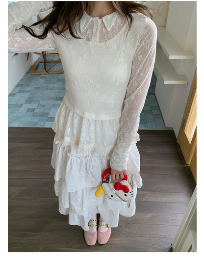 “Soft Veil Sonata” Apricot Layered Lace Mesh Top