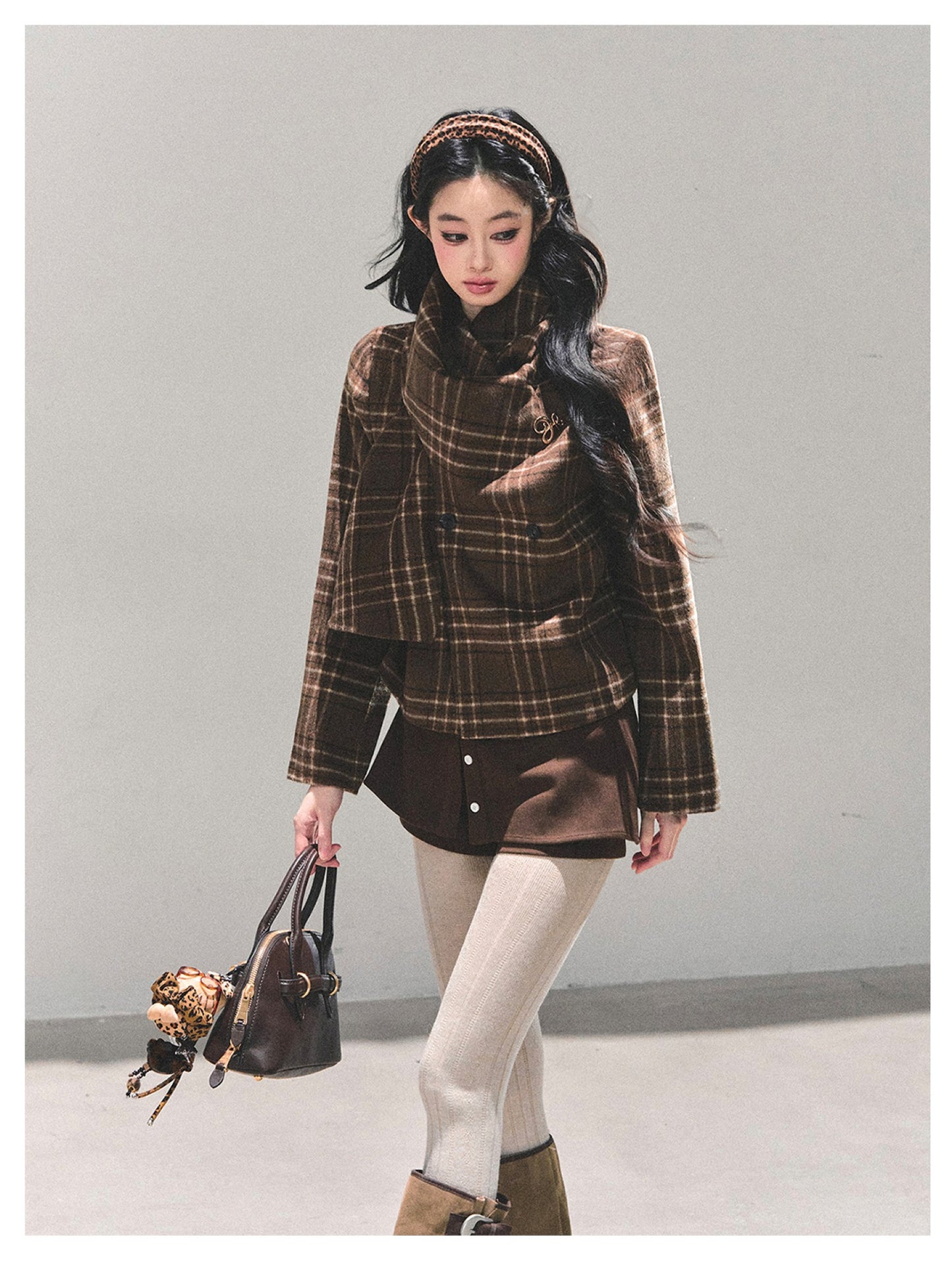 少也眼 “Twilight Forest" Woolen Oversized Coat - Plaid Brown