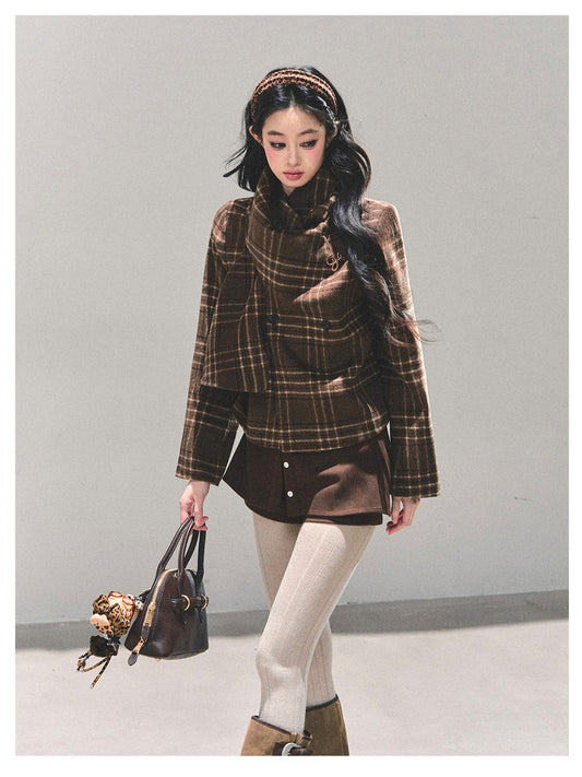 少也眼 “Twilight Forest" Woolen Oversized Coat - Plaid Brown