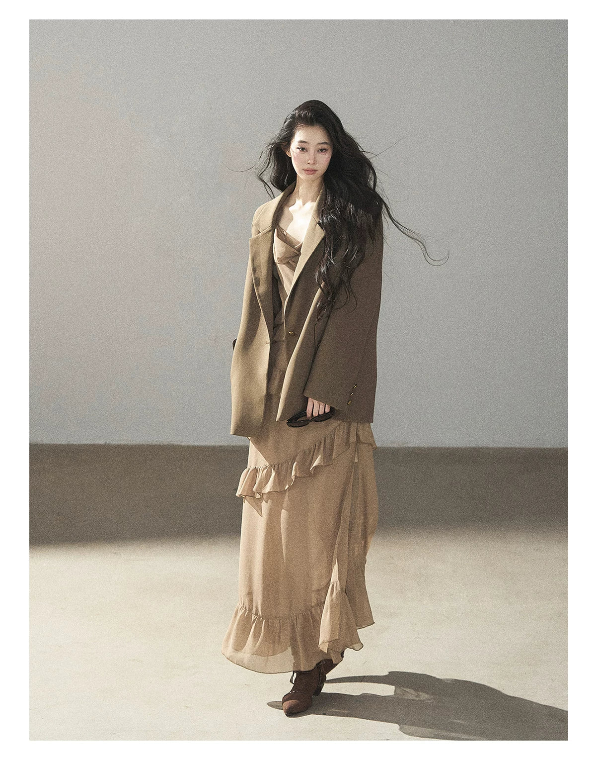 AOMALM - Cinnamon Gray-Brown Ruffle Chiffon Maxi Dress